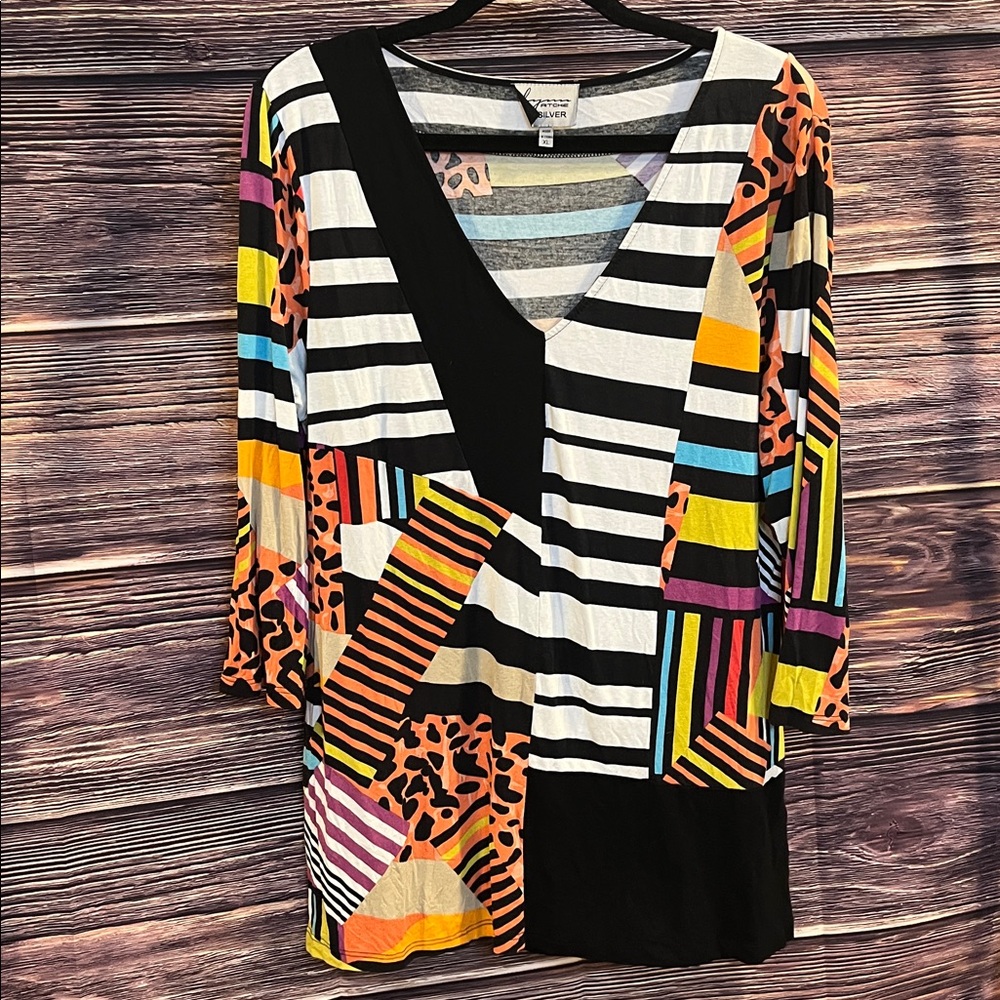 Lynn Ritchie Silver Colorful Striped and Patterned V-Neck Top